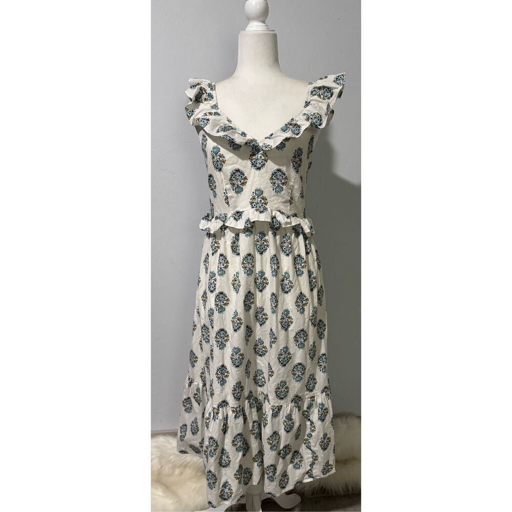 J. Crew Factory Cream Midi Dress with Blue Floral Print - Picture 2 of 14
